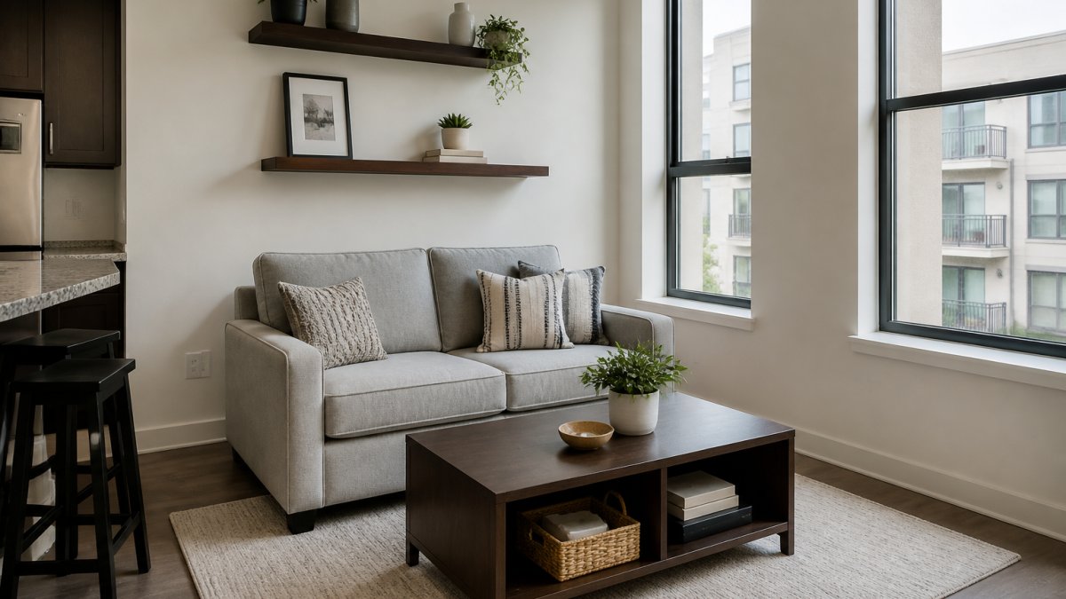 Compact living room with loveseat positioned against main wall, coffee table with open shelving underneath, floating wall shelves above, and clear sightlines to windows, showing practical furniture arrangement in a studio apartment with natural lighting