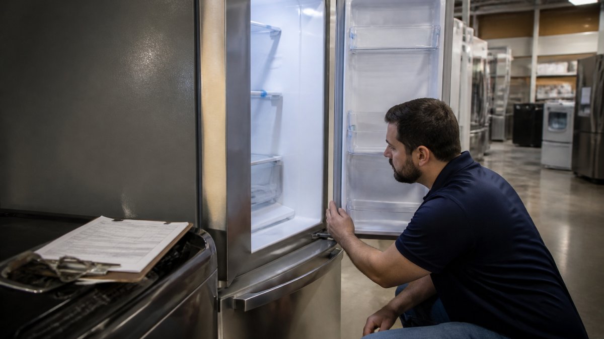 A person crouching in front of an open refrigerator in a warehouse showroom, running a hand along the door edge and checking the seal, with a clipboard resting on a nearby washer