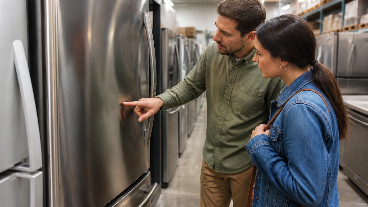 A shopper inspecting the side of a stainless steel refrigerator in a warehouse showroom, with a salesperson pointing out a small cosmetic dent near the door handle
