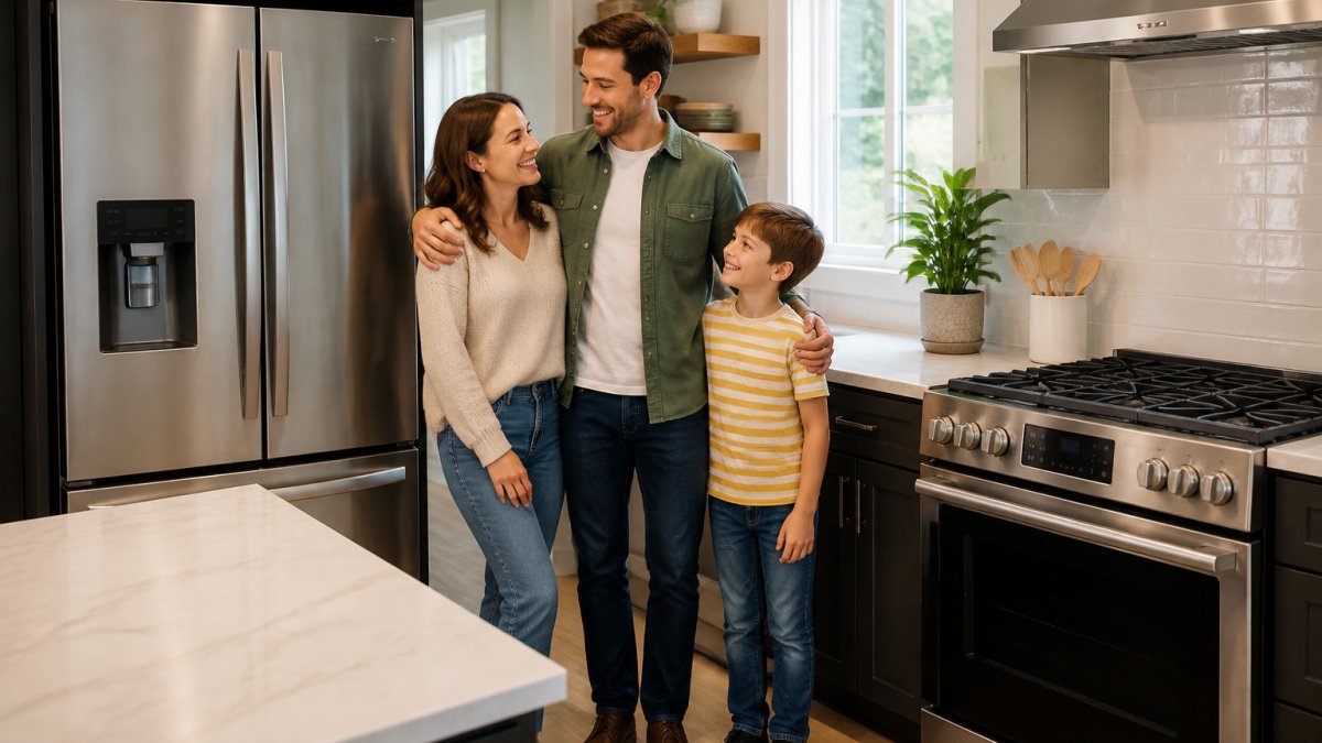 A happy family in a modern kitchen after choosing their appliance financing alternatives for a new refrigerator and stove.