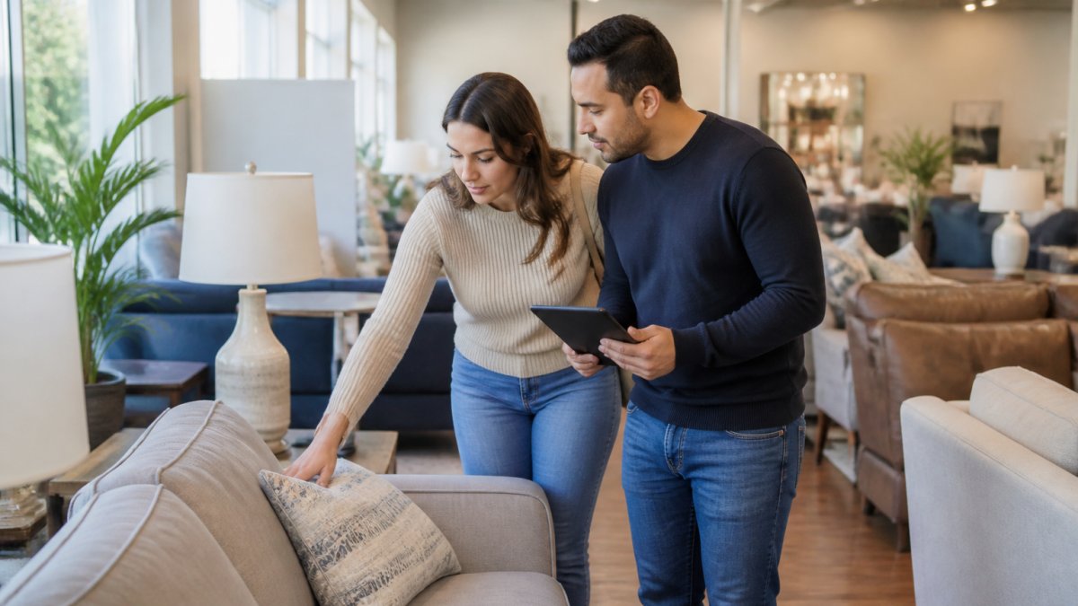 Couple carefully examining a sofa in a bright showroom, reviewing details together while checking a tablet for pricing information