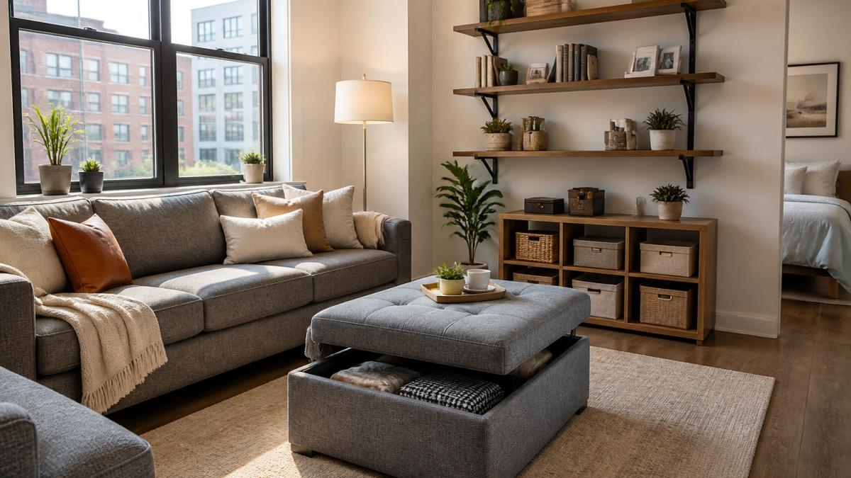 Infographic showing multifunctional storage ideas to furnish an apartment for maximum comfort in small spaces.