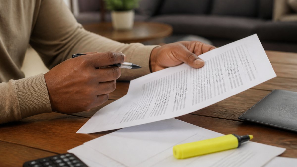 Hands holding a furniture financing contract with a pen and highlighter to identify predatory furniture financing.