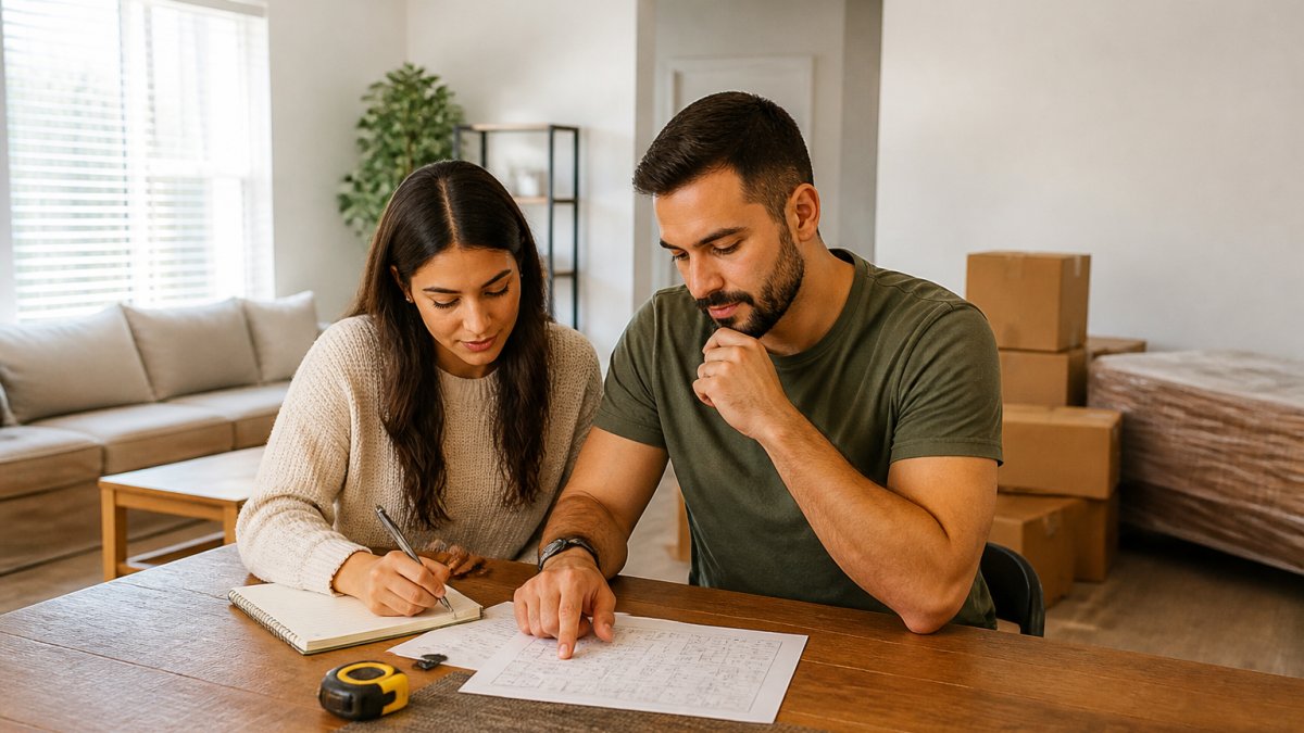A couple sitting at a dining table with a laptop, notebook, and measuring tape, reviewing a room-by-room budget worksheet in a bright, partially furnished living room