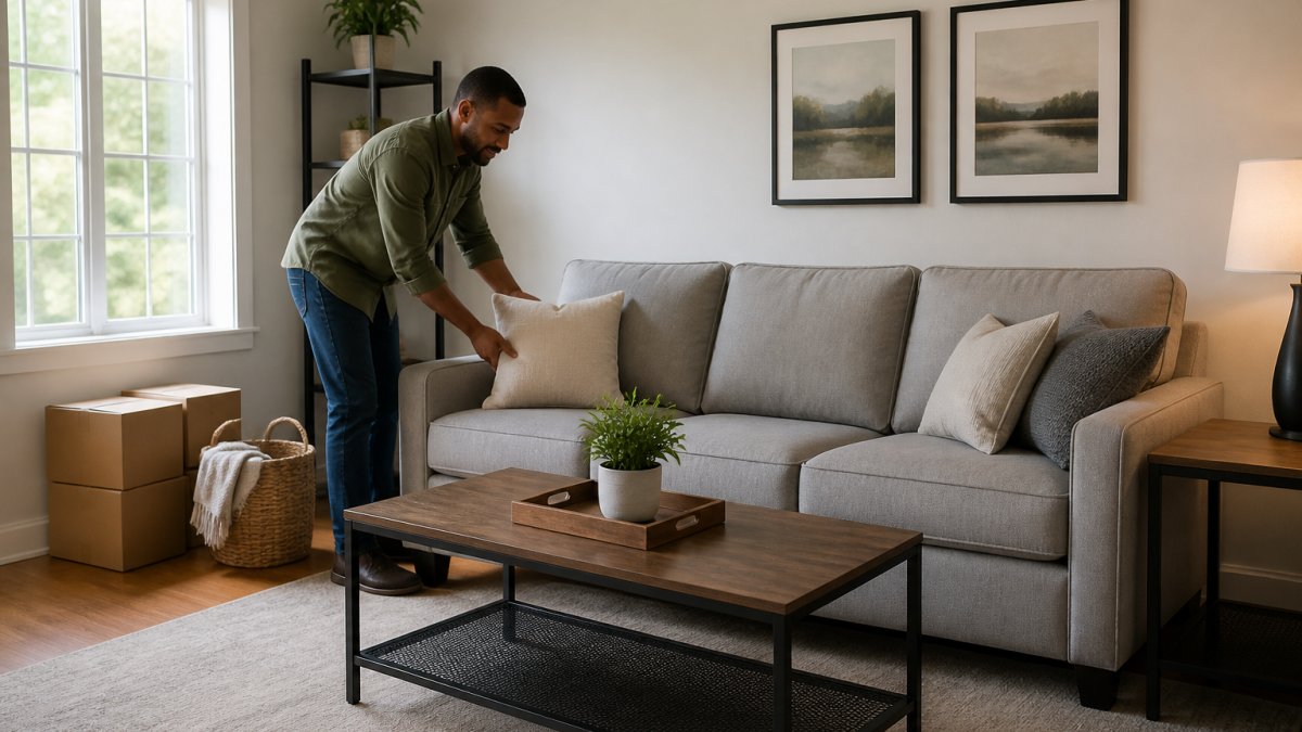 A landlord arranging a modest but welcoming rental living room with a neutral sofa, simple coffee table, and framed wall art in natural daylight