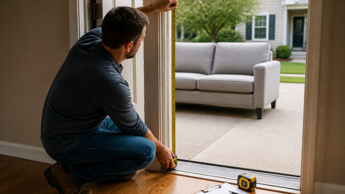 Homeowner measuring a doorway with a tape measure while checking dimensions against a furniture delivery sofa outside, demonstrating pre-delivery planning