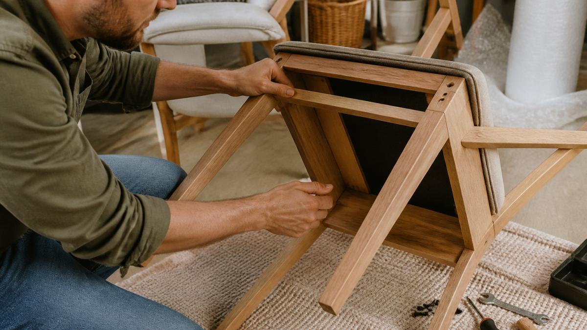Close-up of hands examining furniture frame joints and checking for wobble and stability during inspection in natural lighting