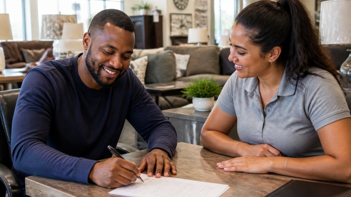 Customer signing paperwork for lease-to-own furniture bad credit with a smiling sales associate in a showroom