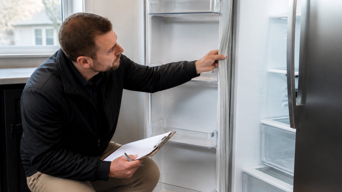 Landlord or property manager closely examining a refrigerator door seal and interior compartments with a detailed inspection checklist on clipboard, natural daylight from nearby window